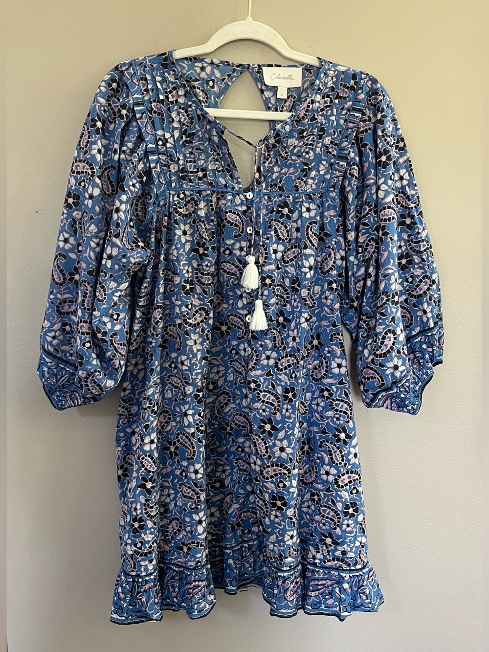 Cleobella Cora Mini Peasant Dress in Blue/White Paisley Print size small